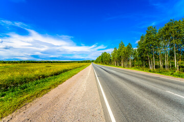 Straight country road passing through a field. View from the side of the road