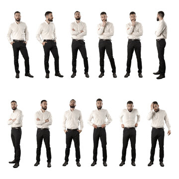 Set Of Confident Business Man Posing, Thinking And Getting Dressed. Full Body Isolated On White Background. 