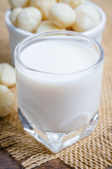 Macadamia milk in a glass and a bowl of macadamia nuts.