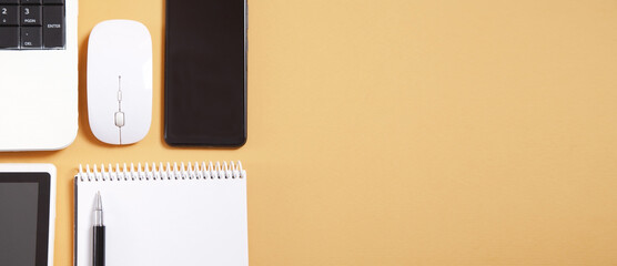 Office business objects. Tablet, pen, notepad, computer mouse and keyboard