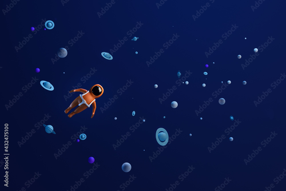 Wall mural little astronaut floating in space surrounded by planets on blue background. 3d rendering.