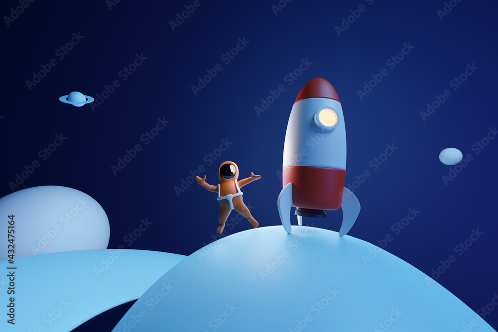 Wall mural cute toon astronaut boy and a rocket on a planet surface. 3d rendering.