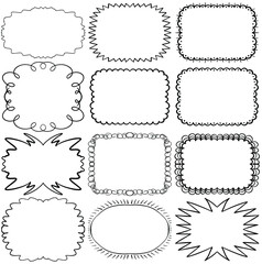 Empty frames collection. Digital art, drawing from imagination. Decorative element set in doodle style for multiple uses. Graphic design element. Vector image, isolated on white background. 