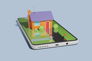 Obraz na płótnie Canvas A stylized cartoon house for sale rising up from a mobile phone. Concept of online real estate. Buying and selling home online. 3D rendering.