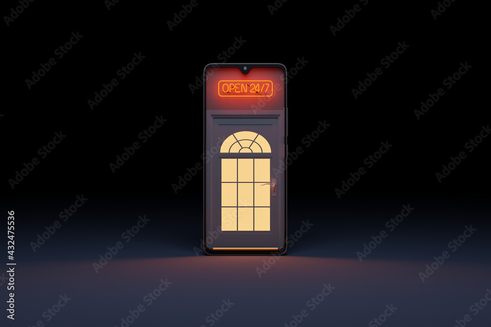 Wall mural A door into mobile phone with 24/7 sign above it. Concept of 24 hour online service and support. 3D rendering.