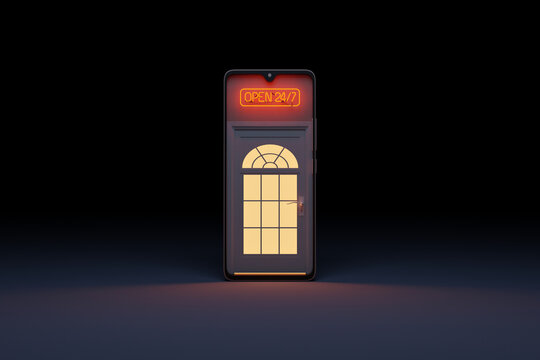A door into mobile phone with 24/7 sign above it. Concept of 24 hour online service and support. 3D rendering.