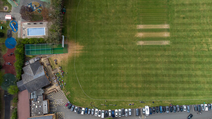 An aerial view of the cricket ground in Stratford upon Avon, Warwickshire, UK - obrazy, fototapety, plakaty
