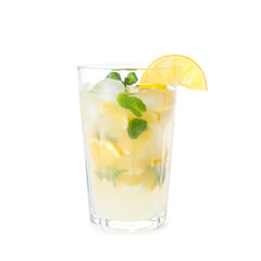 Refreshing lemonade with ice and mint in glass on white background