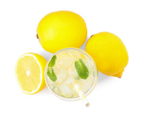 Cool freshly made lemonade and fruits on white background, top view