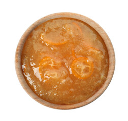 Delicious kumquat jam in bowl on white background, top view