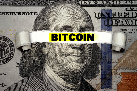 Torn bills revealing BITCOIN words. Ideas for blockchain technology and traditional currency, Stable Currency, digital currency, U.S. Dollar coin, centralized stable coin, Defi, and alternative dollar