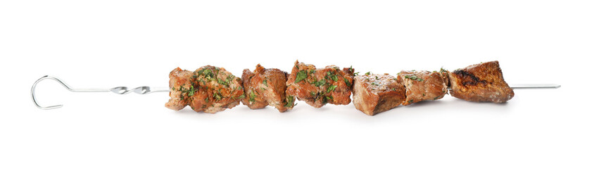 Metal skewer with delicious meat on white background