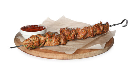 Metal skewer with delicious meat and ketchup on white background