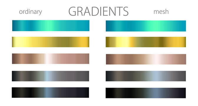 Blue, golden and black gradients. Set or palette. 
Mesh and regular gradients. Cool shades. For designers. Vector illustration.
Holiday colors. Graphic resources. Blue color. White background.