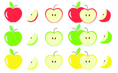 Different colors and parts of apples vector set. Fruit design elements. Whole apples, slices, leaves and apple seeds vector design elements isolated on white. Red, green and white apples set.