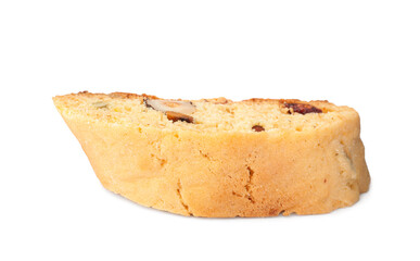 Slice of tasty cantucci with berry and pistachio isolated on white. Traditional Italian almond biscuits