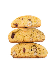 Slices of tasty cantucci with berry and pistachio on white background. Traditional Italian almond biscuits