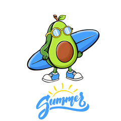 Cute avocado in sneakers with surfboard cartoon vector icon illustration. Food holiday icon concept isolated