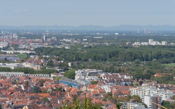 Cityscape of Karlsruhe - Durlach, panoramic aerial view from the &bdquo;Turmberg&ldquo; (means: tower hill) in times of Coronavirus pandemic