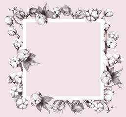Decerative frame. Cotton plants. Wallpaper. Graphic composition. Use printed materials, designs on fabric, posters, postcards, packaging. Graphics.
