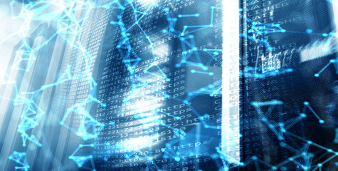 Global Cyberspace Big Data Futuristic Design Grid on Server Room Blurred background.