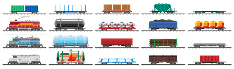 Set of train cargo wagons, cisterns, tanks and cars. Railroad freight collection. Flatcar, boxcar, car carriage. Industrial carriages, side view. Cargo rail transportation. Flat vector illustration © absent84