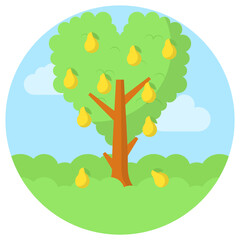 Fruit tree, sky and clouds in Plains Concept, Forest Landscape Vector Color Icon Design, Nature Lover Symbol, Heart in nature Stock illustration, Beautiful scenery Ideas in Round Shape,
