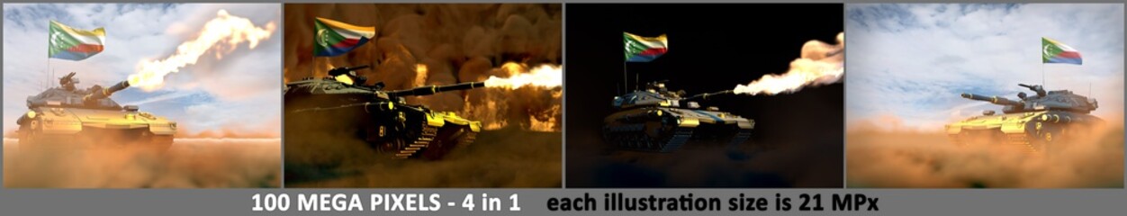 Fototapeta na wymiar Comoros army concept - 4 high resolution images of heavy tank with not real design with Comoros flag, military 3D Illustration