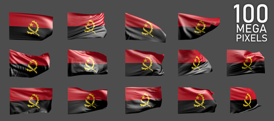 Obraz premium Angola flag isolated - various realistic renders of the waving flag on grey background - object 3D illustration