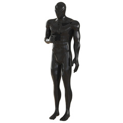 Black abstract male mannequin with a mask on his eyes stands on a white background. 3d rendering