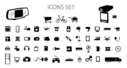 Set of black icons on a white background. Electrical appliances.
 Video and Photo equipment. Icons for the online store. 
Vector stock illustration.
 White background. Black color.