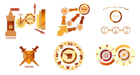 Set of simple infographics and elements. Protection. Circles and arrows.
 Infographics. Step by step. Tower and time. The success of the company. 
Gold and yellow colors. Join the team. Vector.  