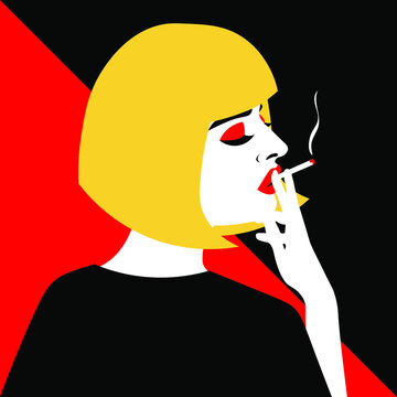 Young woman model in profile in pop art style. Sexy girl for advertising with bright hair.