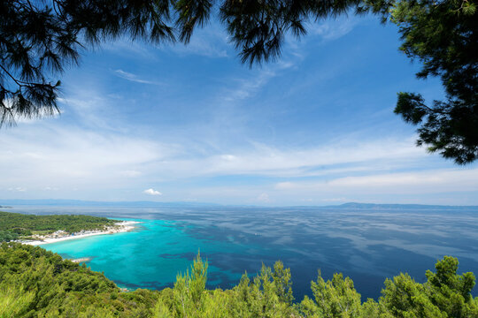 Greece Sithonia Chalkidiki paradise beach with rock and pine-tree. Scenic landscape Aegean sea landscape, Greece, Europe