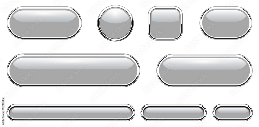 Poster Grey shiny buttons set, glossy isolated icons with metallic chrome elements, vector illustration.