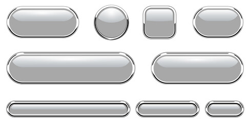 Grey shiny buttons set, glossy isolated icons with metallic chrome elements, vector illustration.