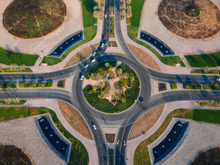 Large roundabout at Dubai Silicon Oasis in Dubai emirate suburbs at United Arab Emirates aerial view