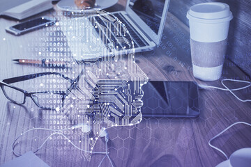 Double exposure of brain theme drawing and cell phone background. Concept of information