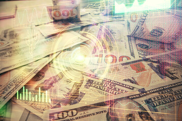 Double exposure of data theme drawing over us dollars bill background. Technology concept.