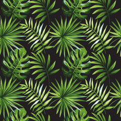 Naklejka na ściany i meble Tropical Green palm leaves, jungle leaves seamless vector pattern Isolated on Black background.