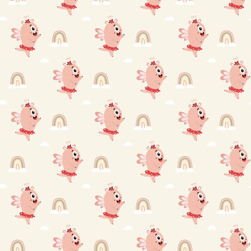 Seamless pattern with cute pink monster. Fantastic character - a monster girl in a skirt on a light background with a rainbow and clouds. Vector. Scandinavian style. Kids Collection 