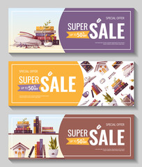 Promo sale banners for bookstore, bookshop, library, book lover, e-book, education. Vector illustration for poster, banner, advertising, flyer.