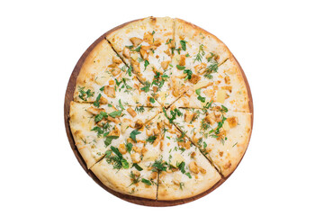 Tasty Hawaii pizza on wooden plank isolated on white background