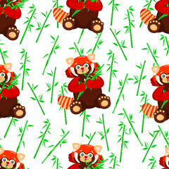 Naklejka premium seamless pattern with sitting cute red panda with bamboo. little panda. Pattern with Ailurus fulgens on white background.