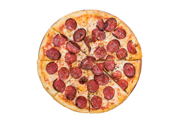 Pepperoni pizza on wooden plate isolated on white background