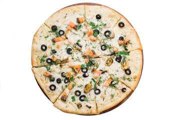 Pizza with seafood on wooden plate isolated on white background