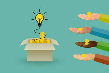 Light bulb emerging out of box as idea symbol thanks to people who offer money. Crowdfunding, startup, investment, business and budget concept.