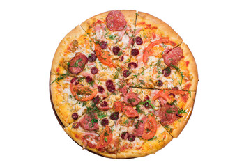 Meat pizza on wooden plate isolated on white background