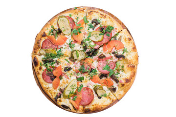 Pizza with salami, mushrooms, pickled cucumbers and tomatoes on a wooden plate isolated on white background