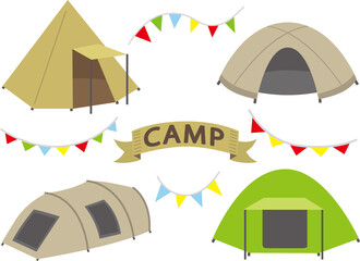 キャンプ道具、形が違うテントとCAMPの旗、ガーランド © ナナメニコ